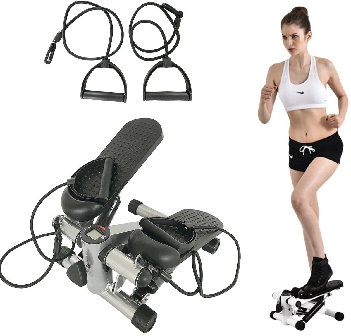 Dailygoods Fitness, Stepper, 2 in 1, weerstandstouwen, multifunctioneel, armen en benen, LCD-scherm, homegym, weerstand