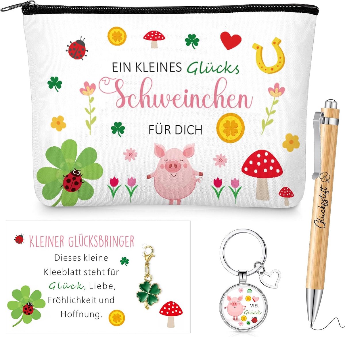 Gelukspoppetjes - Gelukkige Gift Set - Canvas Make-up Tas - Inclusief Lucky Charm - Met Sleutelhangers en Pen - Voor Vrienden