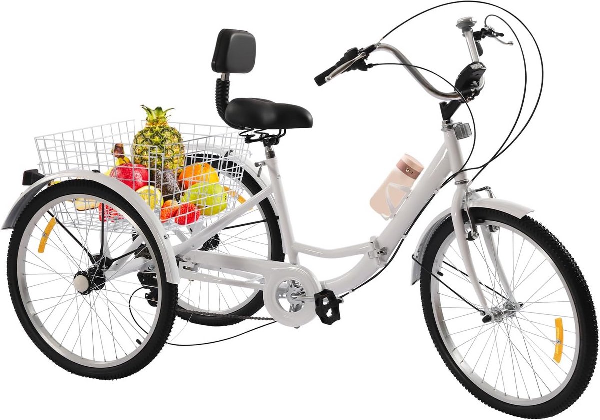 Opvouwbare driewieler - Driewieler volwassenen - Stadsvervoer boodschappen - Met ruime mand - 24 inch - Wit