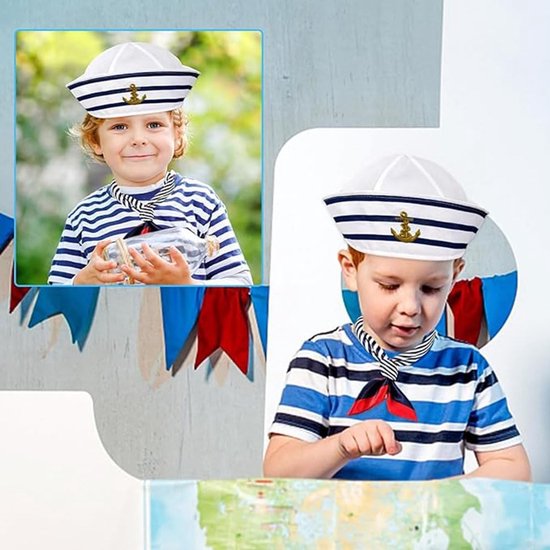 Dailygoods- Muts met Sjaal - Gestreept Nautisch Kostuum - Cosplay Accessoire - Marineblauw/Wit - Hoogwaardig Polyester - Duurzaam en Comfortabel - Zeemanskostuum van Dailygoods — afbeelding 3