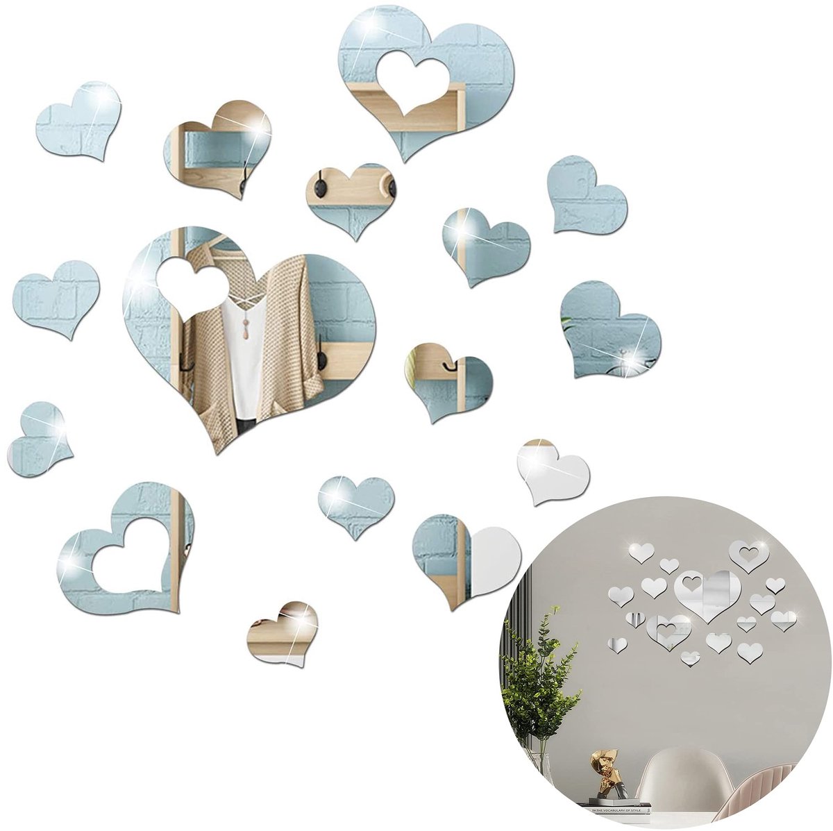 Dailygoods- Muursticker Hart - 16 Stuks - Acryl Waterdicht - Wanddecoratie - Spiegel Effec