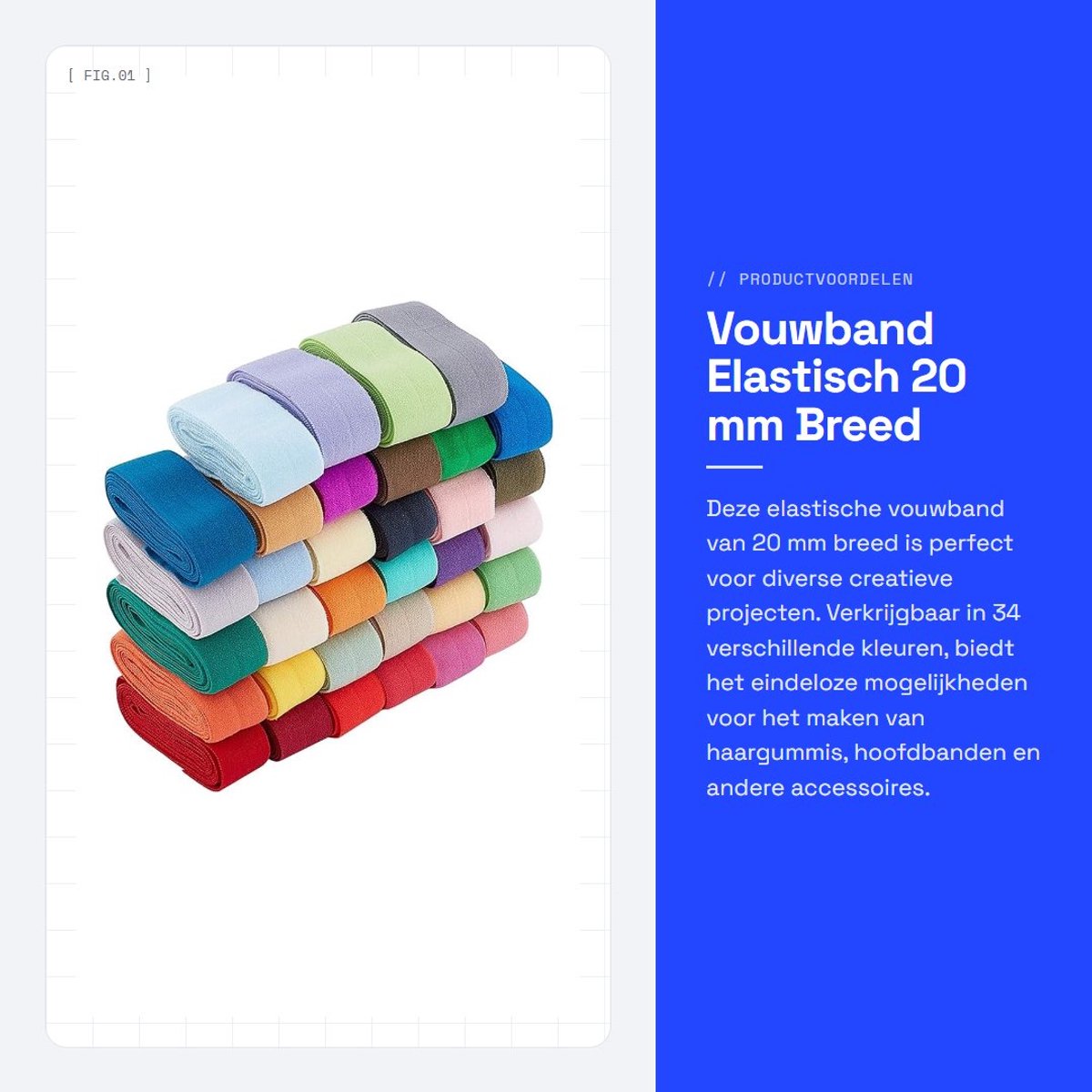 Dailygoods- Elastisch Band 34 Meter - Rekbaar - Vouwband - 20 mm Breed - 34 Kleuren - Duurzaam en Zacht