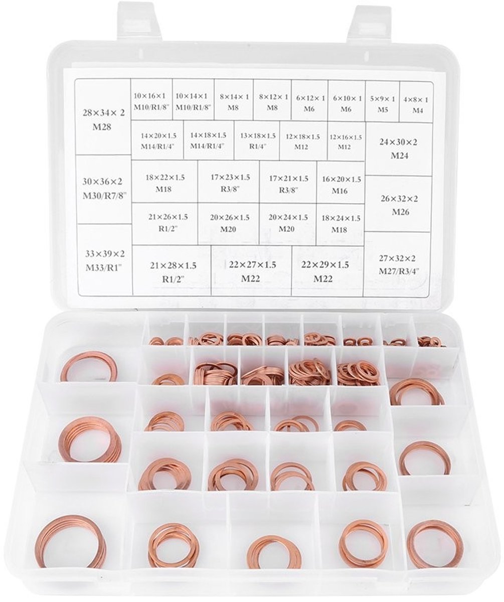 Dailygoods - Platte ring - Koperen afdichtringen - Sterk en duurzaam - 30 maten - Assortiment set met plastic doos - Geschikt voor diverse toepassinge...