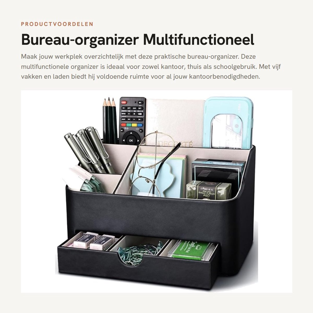 Dailygoods- Bureau Organizer Robuust - Bureau Organizer met Lades - Pennenhouder - Multifunctioneel Opbergsysteem - 5 Vakken - Hoogwaardig PU-Leer