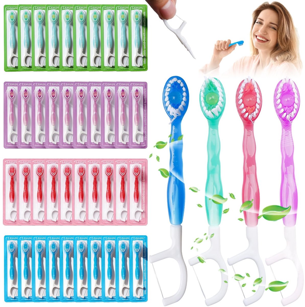 Dailygoods- Tandenborstelset 40 Stuks - Mini-Tandenborstels 4-in-1 - Wegwerptandenborstels - Tongschraper - Tandzijde - Hygiënische Verpakking