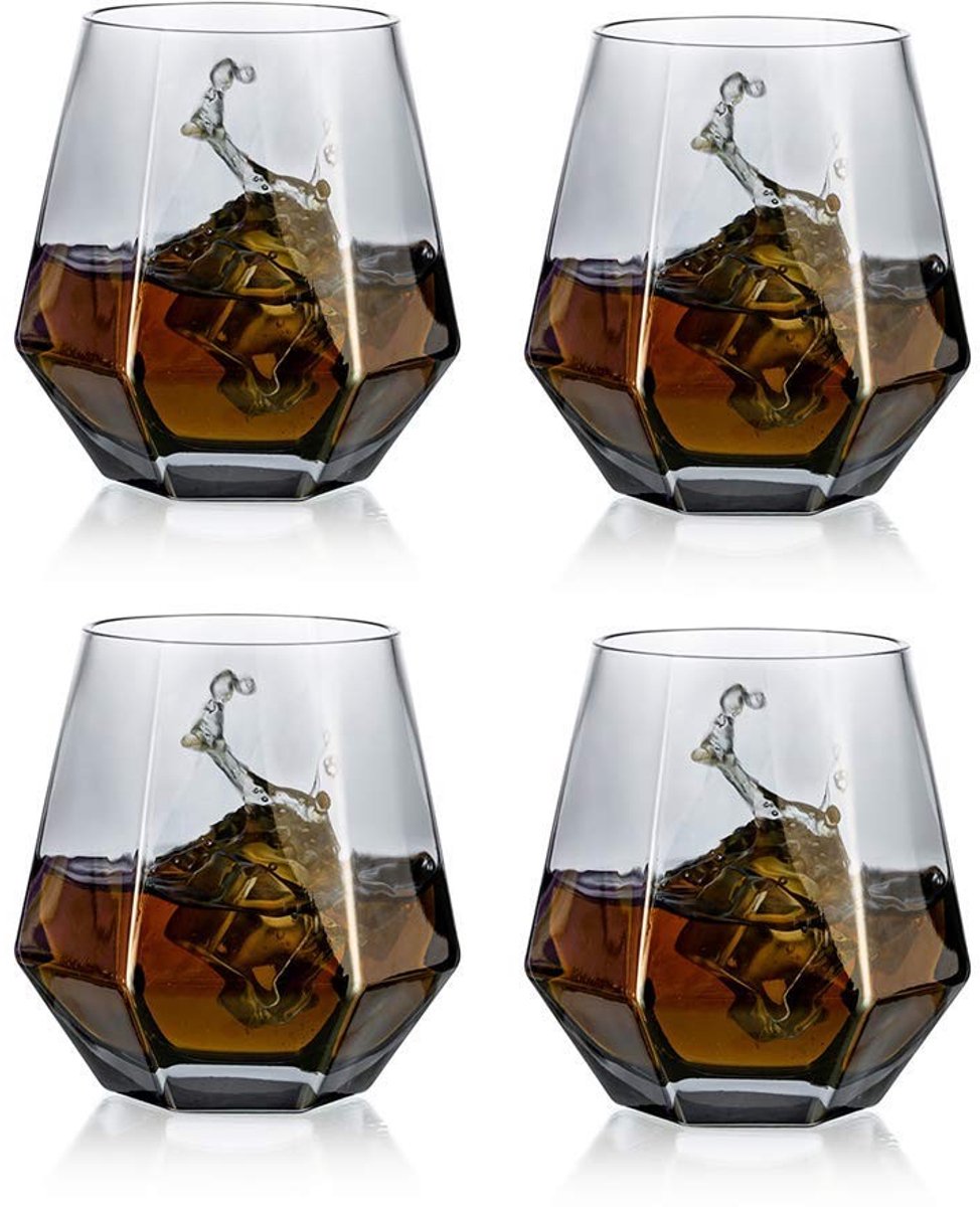 Dailygoods- Whisky Glas - Set van 4 - 300 ml - Diamantontwerp - Modern - Geschikt voor Bourbon/Rum - Elegante stijl - Tumbler