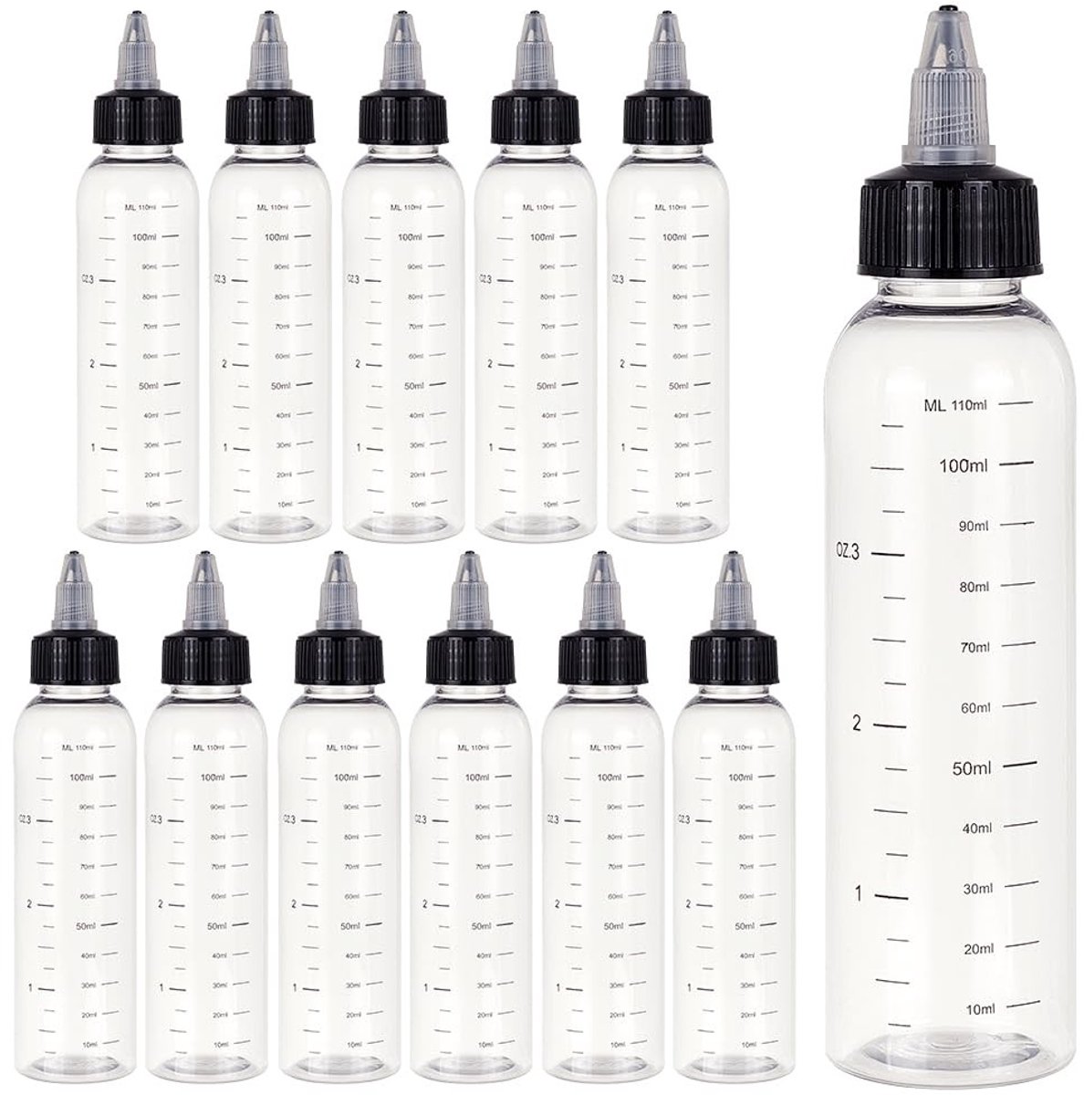 Dailygoods- Knijpflessen 110 ml - Gegradueerde Flessen - Zwarte Draaisop - 12 Stuks - Duurzaam Kunststof - Voor Inkt/Oliën/Gels - Fles