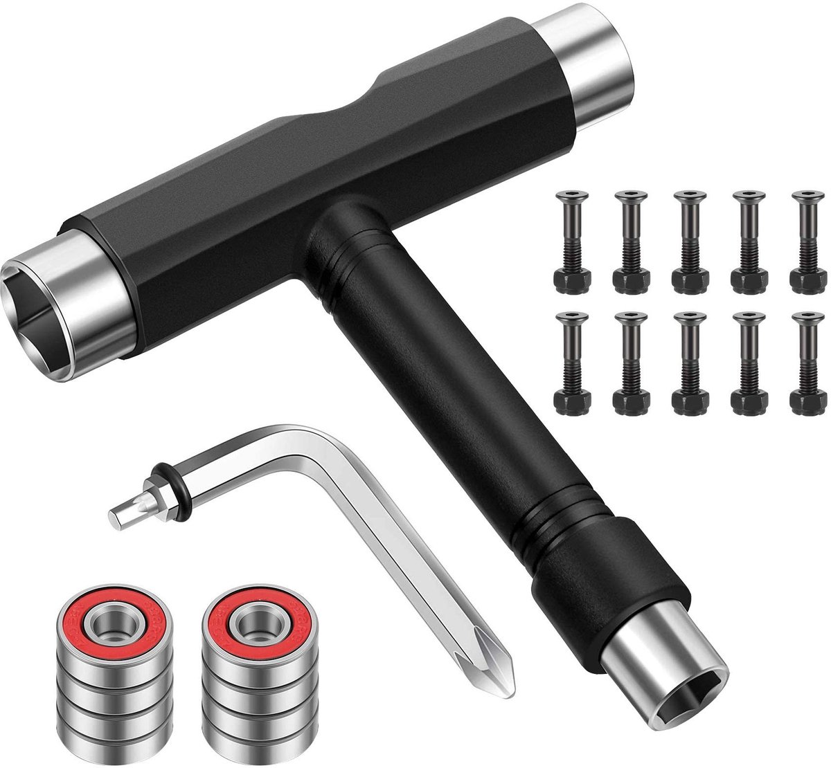 Dailygoods- Skateboardtool Lichtgewicht - Multifunctioneel Gereedschap - Draagbaar - T-vormige Inbussleutel - L-vormige Schroevendraaier - 22 Onderdelen - Skateboard Gereedschap