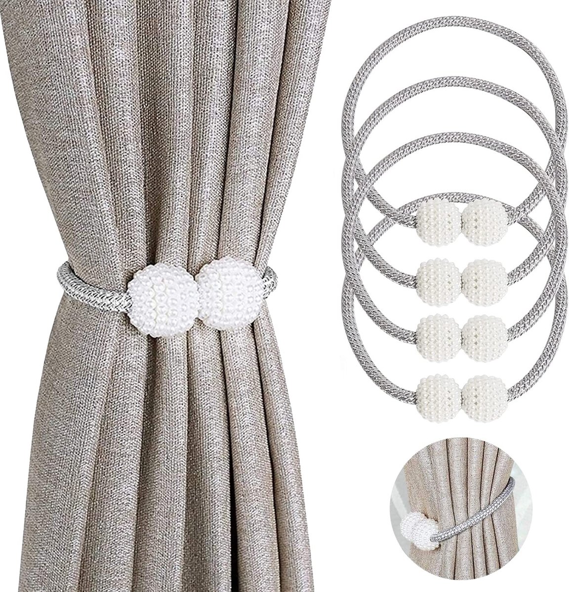 Dailygoods- Gordijnhouders Magnetisch - Gordijnclips - Gordijnhouders Muurbevestiging - Touw Achteraan - 4 Stuks - Geschikt voor Thuis/Kantoor