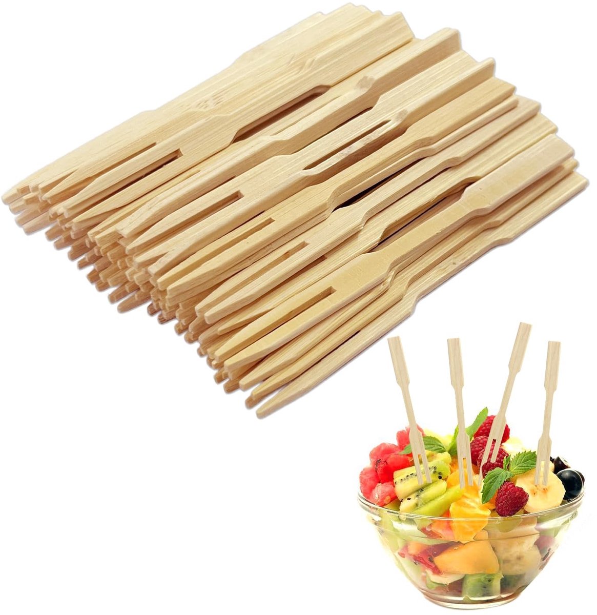 Dailygoods- Bamboevorken 80 stuks - 90 mm x 6 mm x 3 mm - Herbruikbaar - Milieuvriendelijk - Lichtgewicht - Natuurlijk materiaal - Fruitvorken