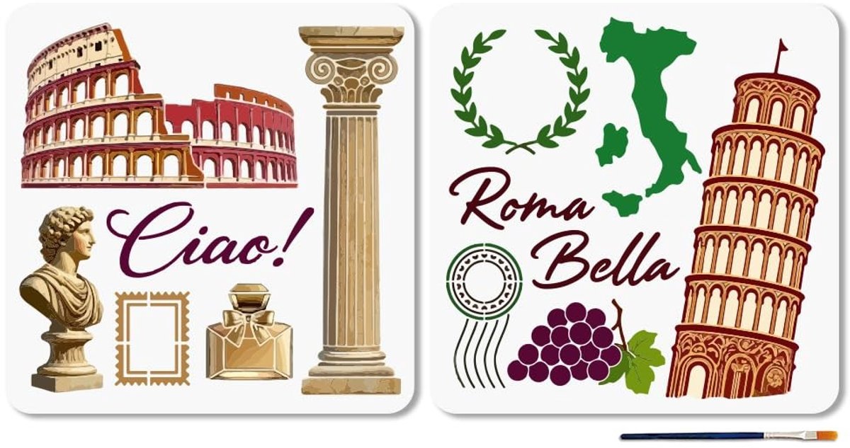 Dailygoods- Schildersjabloon 30 × 30 cm - 2 Stuks - Romeins Thema - Kunststof - Sjablonen met Colosseum en Toren - Voor DIY en Scrapbook - Sjabloon