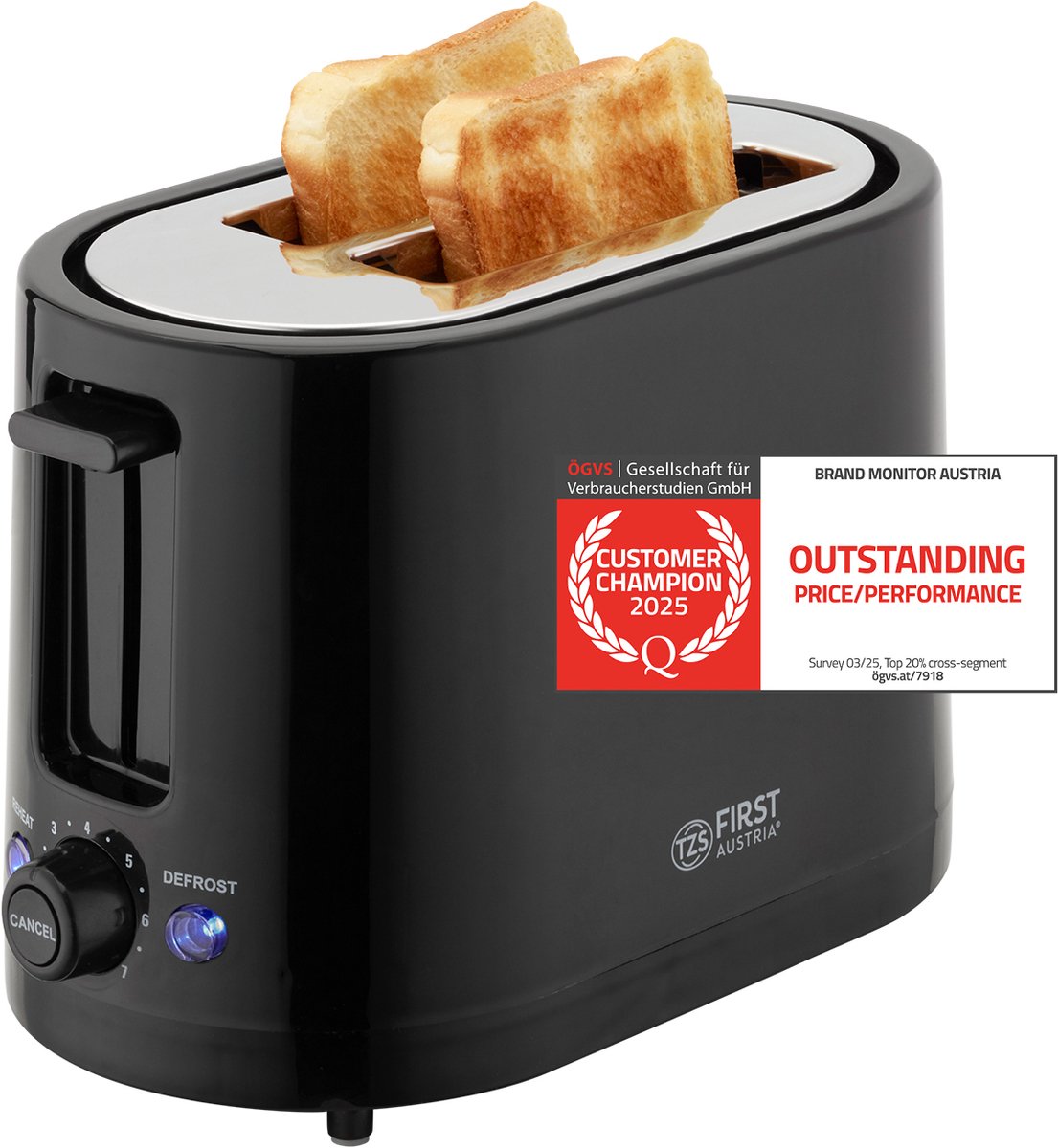 TZS First Austria Broodrooster - Toaster - 7 Warmteniveaus - 2 Extra brede gleuven - 750W - Zwart
