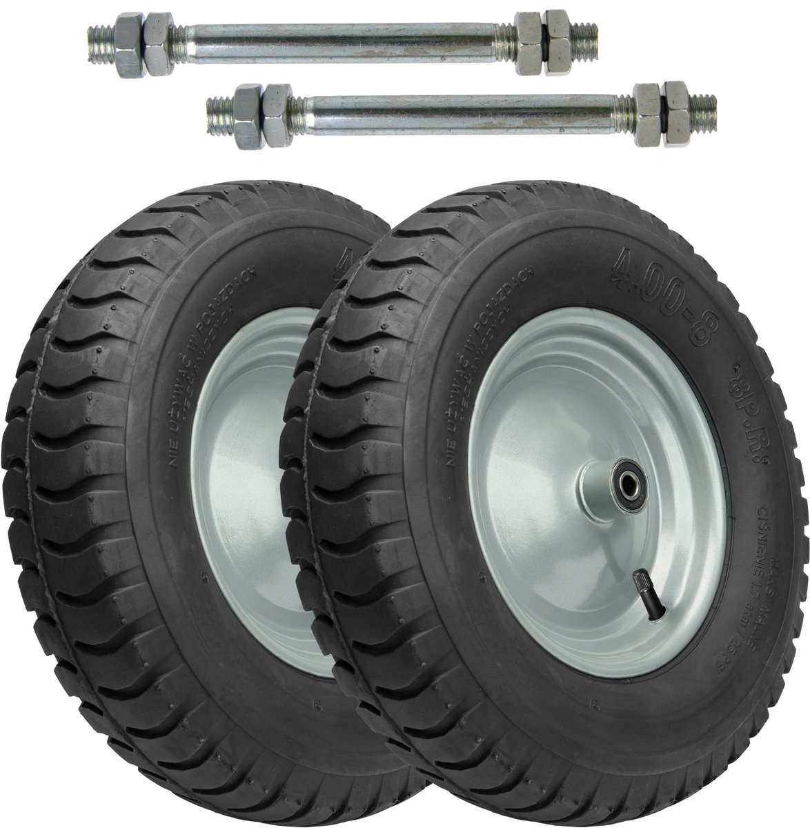 GARRONDA 2-pack zwart-zilver - Vervangwiel Kruiwagen 4.80/4.00-8 Kruiwagenwiel Ø 405 mm Luchtband 8PR Band tot 180 kg met As Stalen Velg Kogellager voor Tuinwagen Erf Bouwplaats GD-0163, Zwart-Zilver