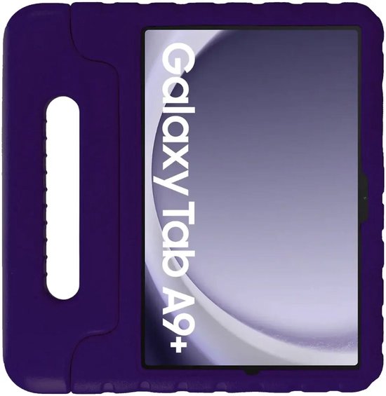 Paarse Happy Case hoes voor Samsung Galaxy Tab A9+, met handvat aan de zijkant en openingen voor knoppen.