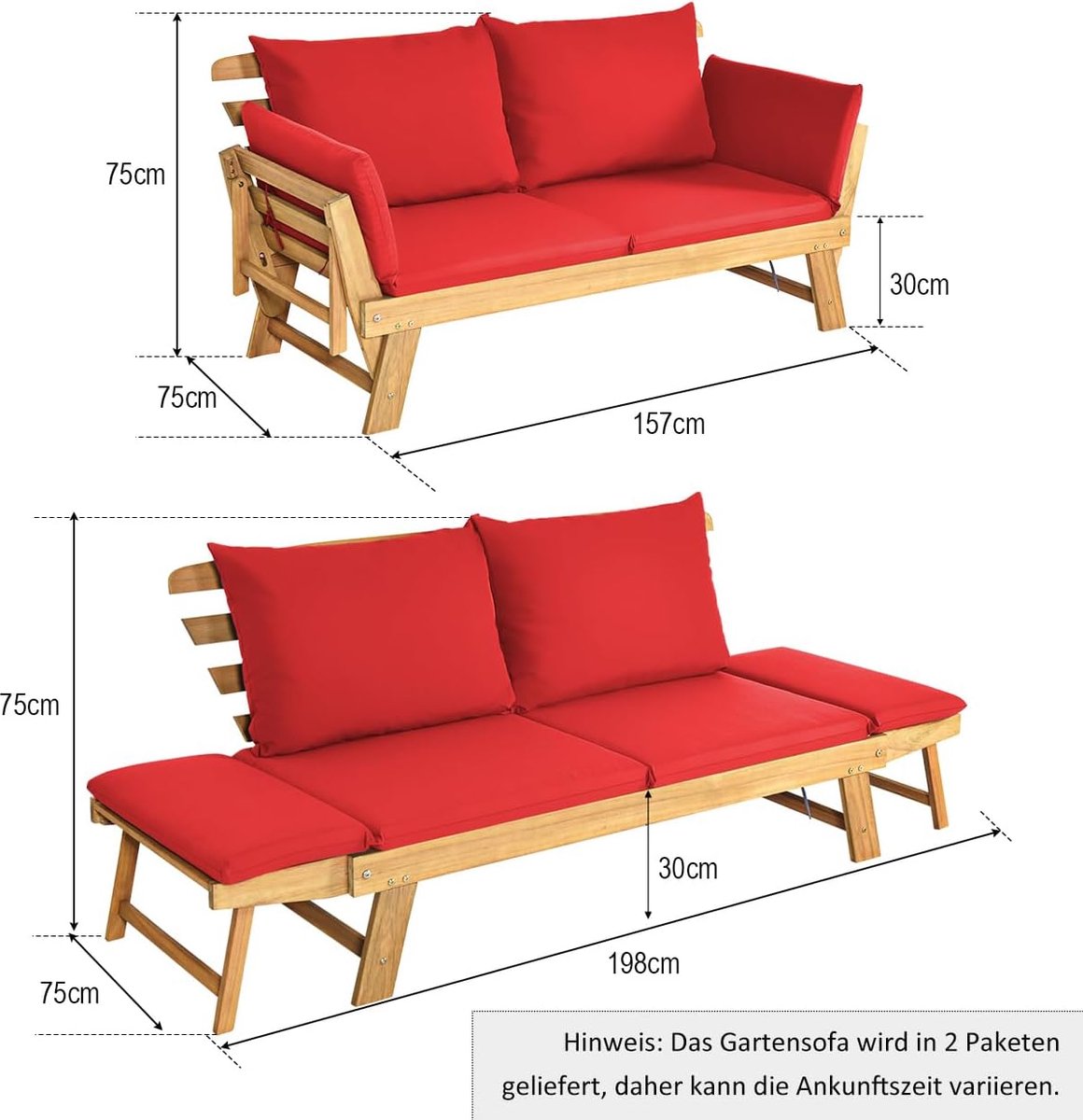 Tuinbank met ligfunctie 198x75x75 cm – Comfortabele tweezits balkonbank met kussens, inklapbare armleuningen, acaciahouten frame, geschikt voor tuin, terras en balkon – Laura