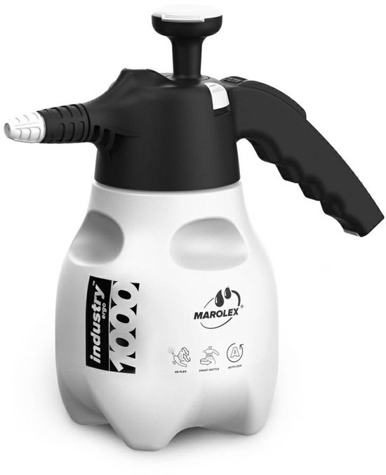 Witte sproeier met zwarte handgreep en spuitmond. "Industry 1000 ergo" en "MAROLEX" logo's op de fles.
