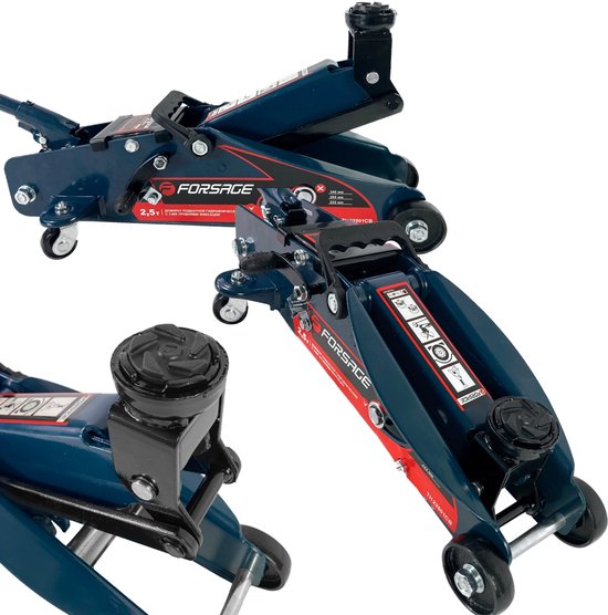 Kollage van een blauwe hydraulische krik met rode accenten. De krik heeft de tekst "FORSAGE" en "2.5T" erop.
