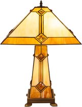 Art Deco Tiffany tafellamp met crème-amber gekleurd glas-in-lood lampenkap en voet, met geometrisch patroon.
