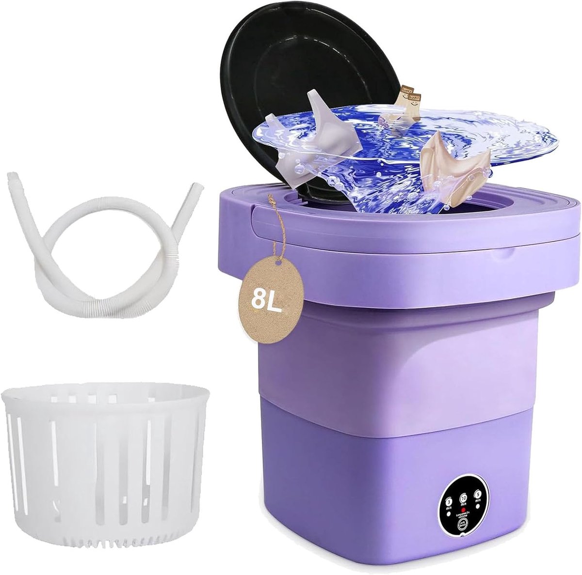 Opvouwbare Mini Wasmachine Compacte Wasautomaat Kleine Wasjes Met Blauw Licht Reiniging 8 Liter Capaciteit Paars