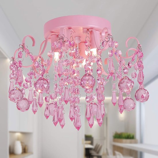 Q&S Mini-kroonluchter van glas, halve inbouwmontage, roze, meisjes, kleine kristallen plafondlamp, voor slaapkamer, badkamer, kast, kleuterschool met 3 lampen — afbeelding 5