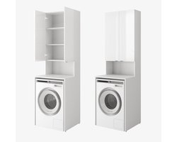 PLATAN ROOM Wasmachinekast, badkamer, hoge kast, bovenbouwkast voor wasmachine en wasdroger, 210 x 65 x 50/56 cm, wit (mat wit/wit hoogglans, 56 cm diep)
