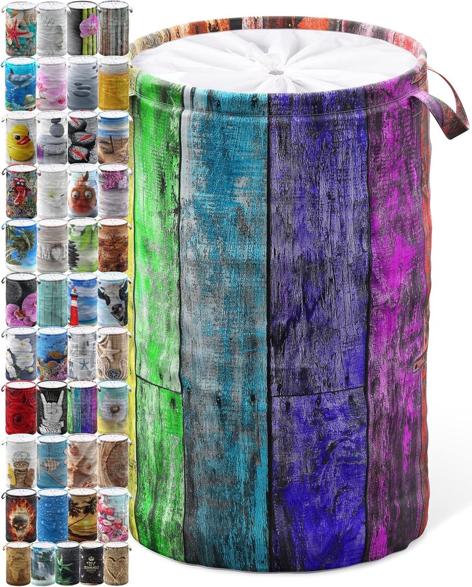 SANILO® Wasmand met deksel, stabiele ronde wasverzamelaar, 60 liter, opvouwbare waszak met handgrepen (Rainbow)