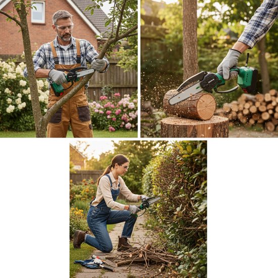Norvix® Elektrische Mini Kettingzaag - Brushless Snoeizaag - 2 Geleiderails & 2 Kettingen - 4 & 6 Inch - 2 Accu's - Inclusief Opbergkoffer en Accessoires - Groen van Merkloos	 — afbeelding 4