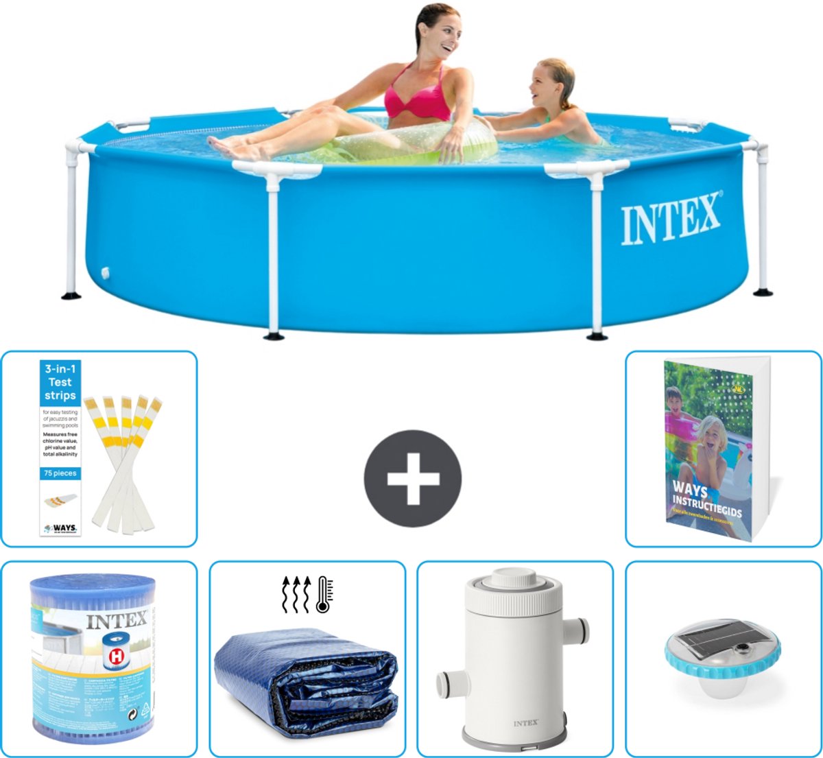 Intex Rond Frame Zwembad - 244 x 51 cm - Blauw - Inclusief Filter - Solarzeil - Zwembadfilterpomp - Verlichting - 7-delig