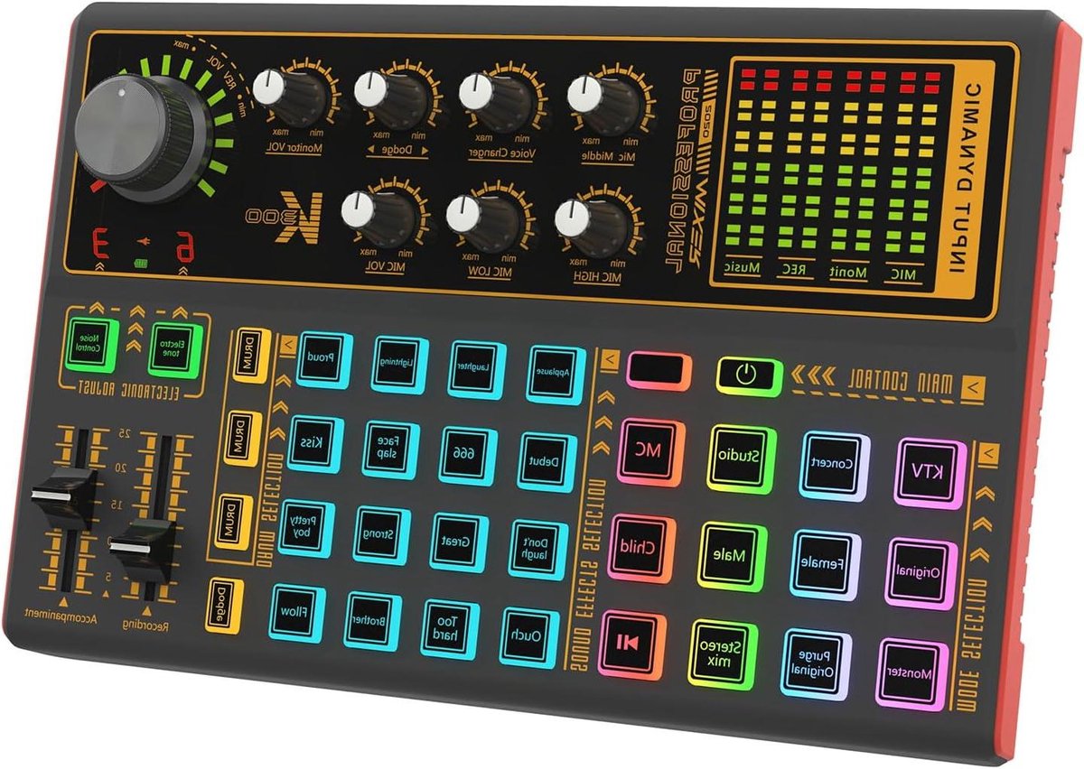 Live Geluidskaart - Soundboard Mixer - Streaming Podcasting - 7-kleuren Sfeerverlichting - 23 x 3 x 3 cm