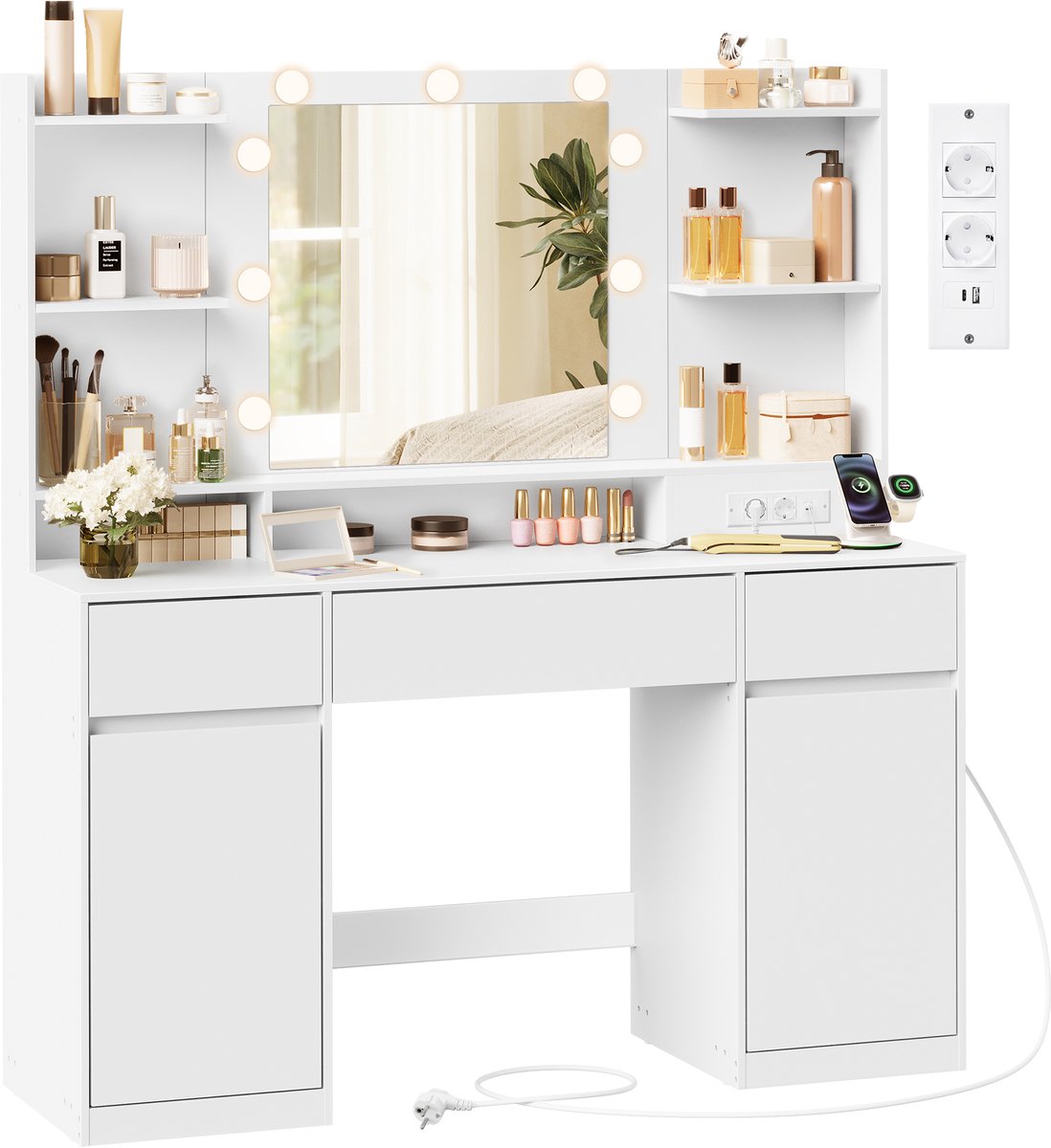 Vasagle Kaptafel - Make up Tafel - Kaptafel met Spiegel en Verlichting - 3 Lades - Oplaadstation - 2 Kasten Wit