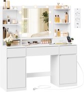 VASAGLE - Kaptafel - Make up Tafel - Kaptafel met Spiegel en Verlichting - 3 Lades - Oplaadstation - 2 Kasten