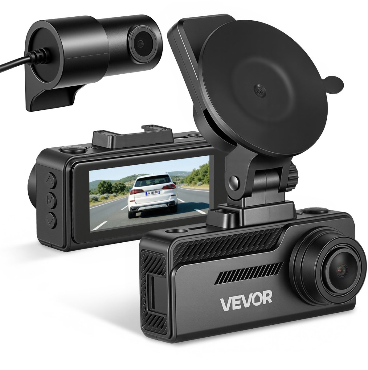 VEVOR 4k Dashcam voor Auto, voor- en Achterkant, 1080p Dubbele Autocamera Met GeïNtegreerde Gps G-Sensor en Geheugenkaart (32 Gb), 3,18 Inch Scherm, 129° + 125° Groothoek, Loopopname, Parkeermodus, Zwart