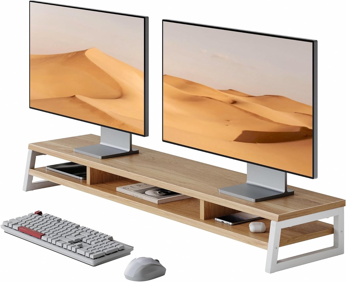 Dubbele Monitorstandaard - Computerscherm Verhoger - Bureau Organisatie - 45kg Draagvermogen - 108 cm Breed - Donker Eiken