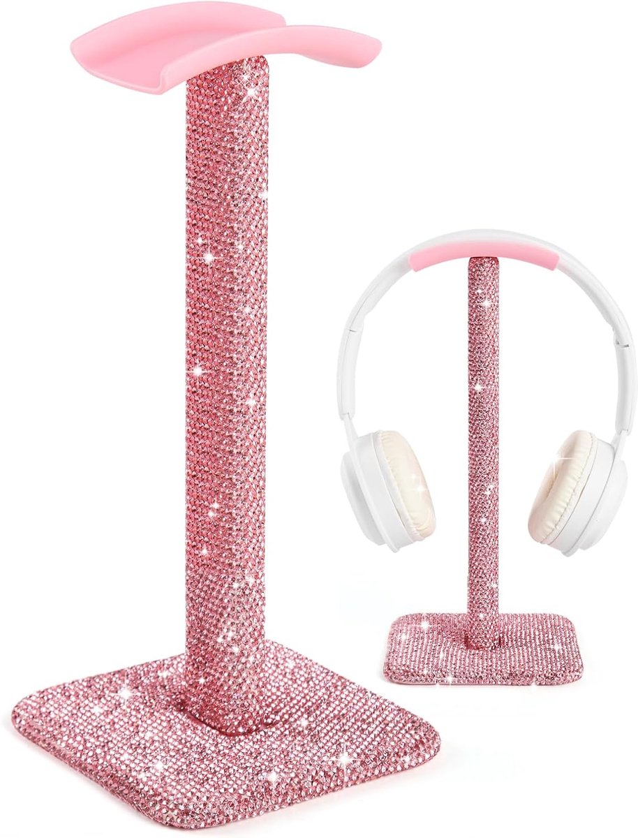 Hoofdtelefoon standaard - Headset houder - Bureau organiseren - Versierd met kristallen - 10.5 x 10.5 x 23 cm - Roze