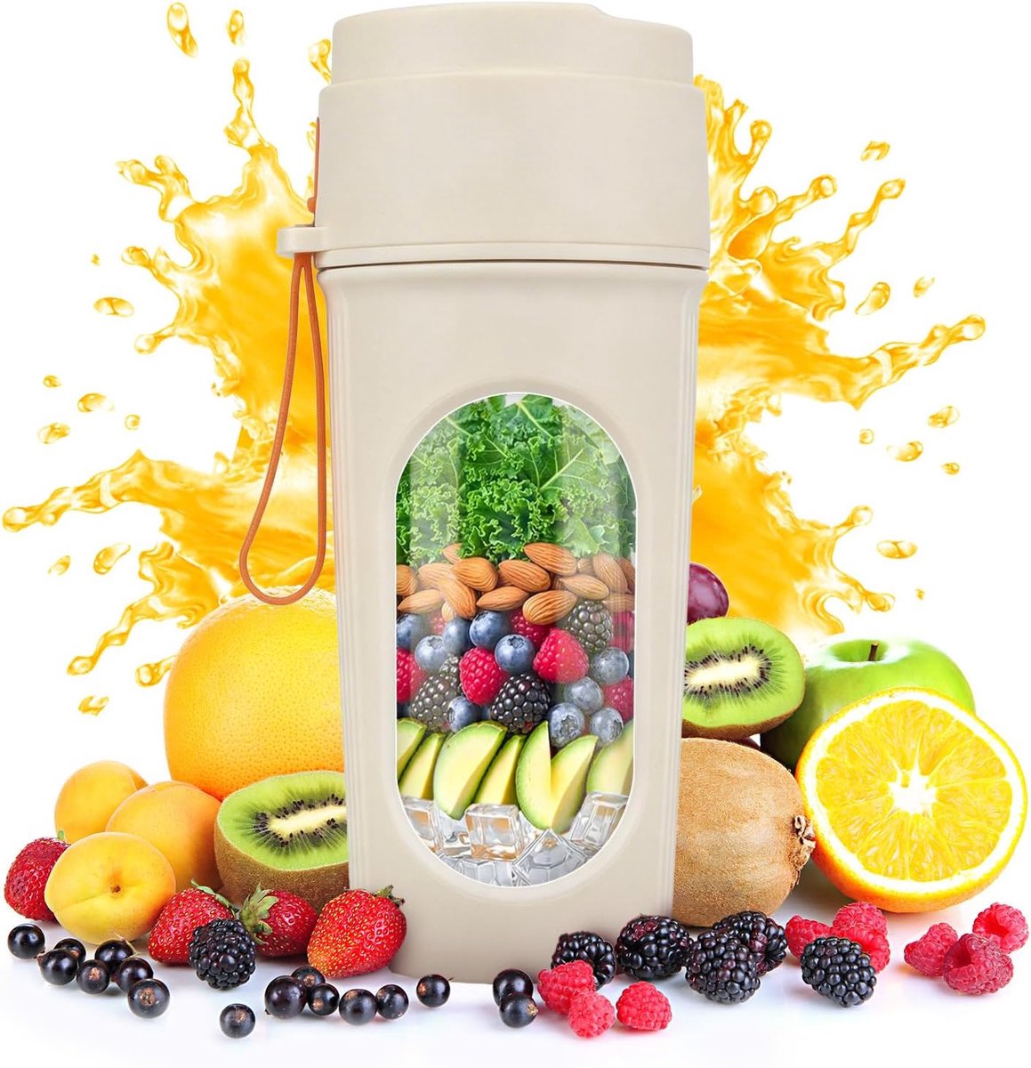 Draagbare Blender - BPA Vrij - 15 Oz voor Smoothies Shakes en Vers Sap - 12 Mesjes - Vaatwasserbestendig - Oplaadbare Sportfles - Compact en Eenvoudig Schoon te Maken - Oranje kleur