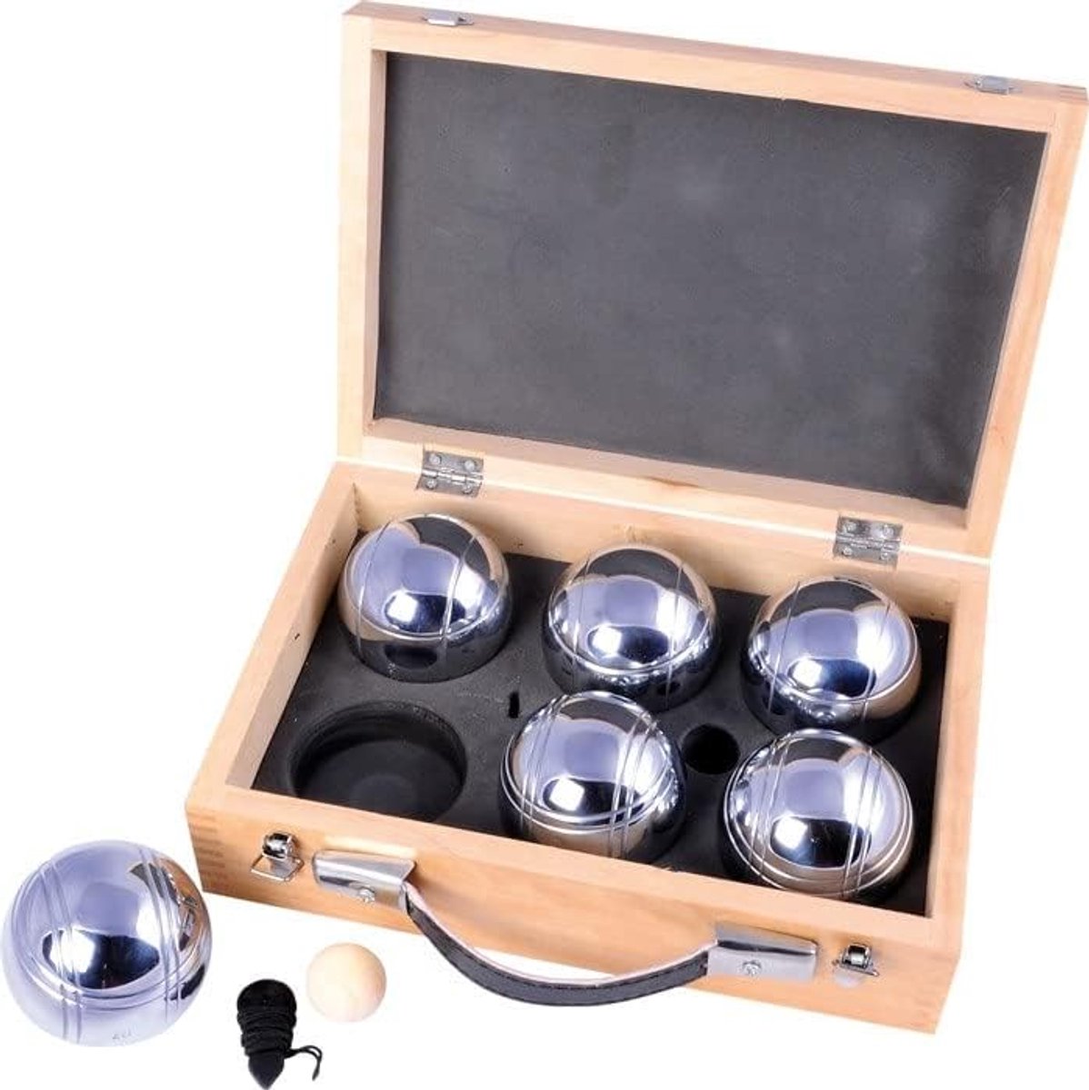 Jeu de Boules Set - Petanque Ballen - Buiten Spelen - Luxe Houten Koffer - 6 Stuks - Zilver