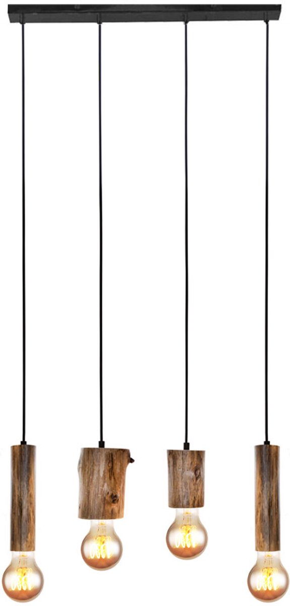 Hanglamp hout hanglamp vintage plafondlamp keukens, metaal zwart eucalyptus, 4 vlammen, H 150 cm, eetkamer woonkamer