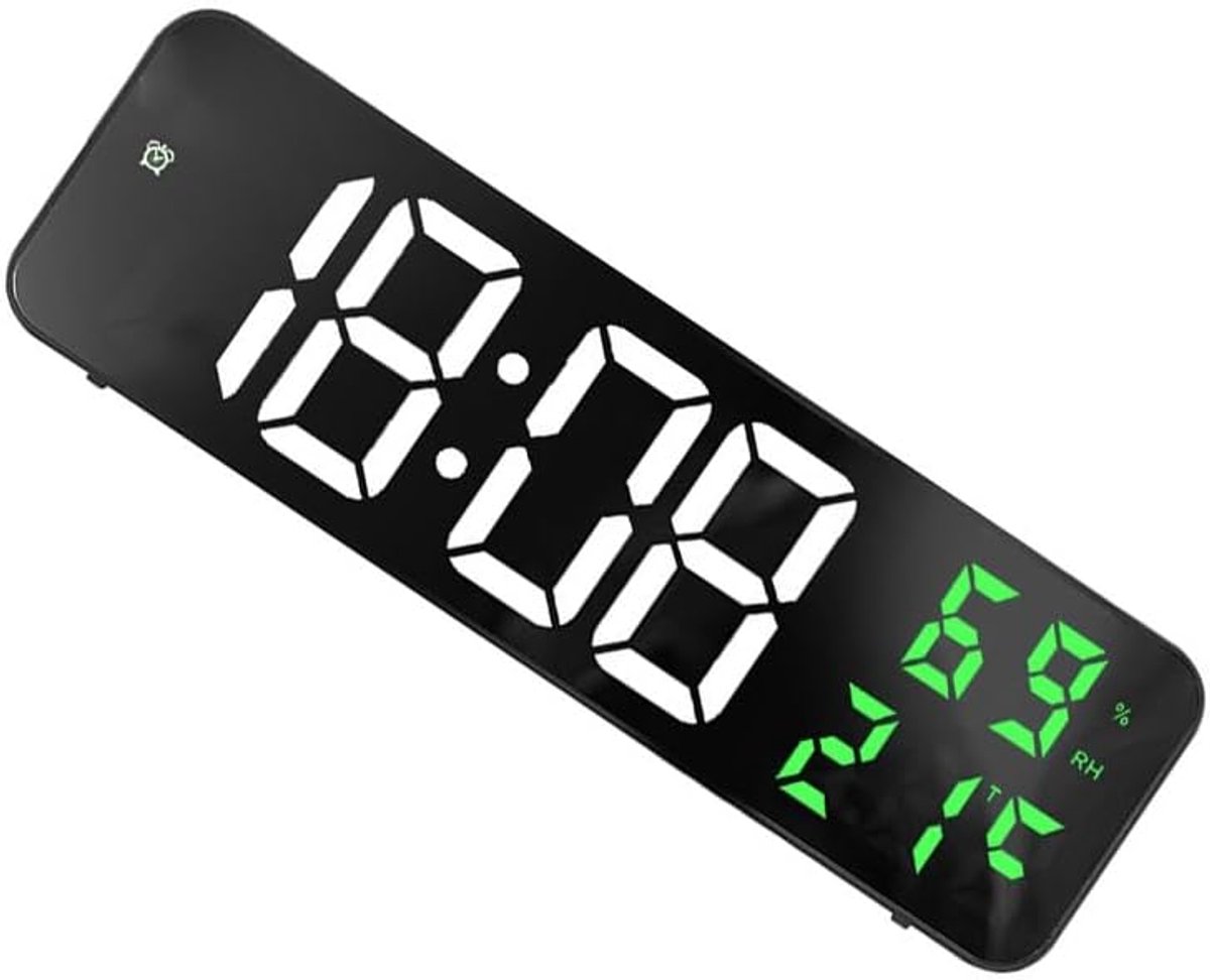 Digitale Wekker - Led Klok - Bureau Woonkamer - Groot Spiegeldisplay - 25x8 cm - Wit Groen