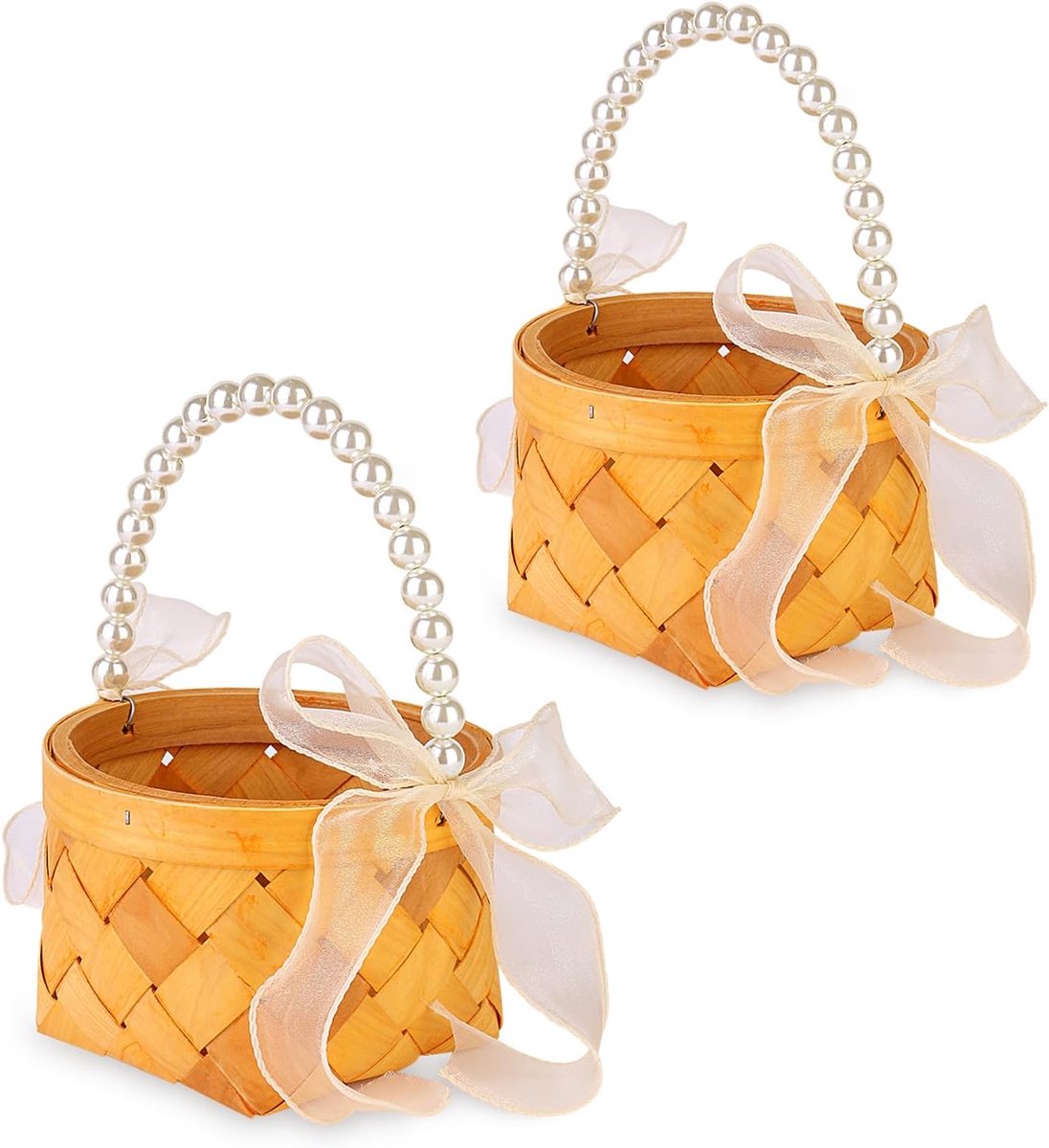Bloemenmeisje Mandjes - Bruiloft Decoratie - Ceremonie Accessoires - Parel en Boog Versierd - 25x15x19.8 cm - Wit