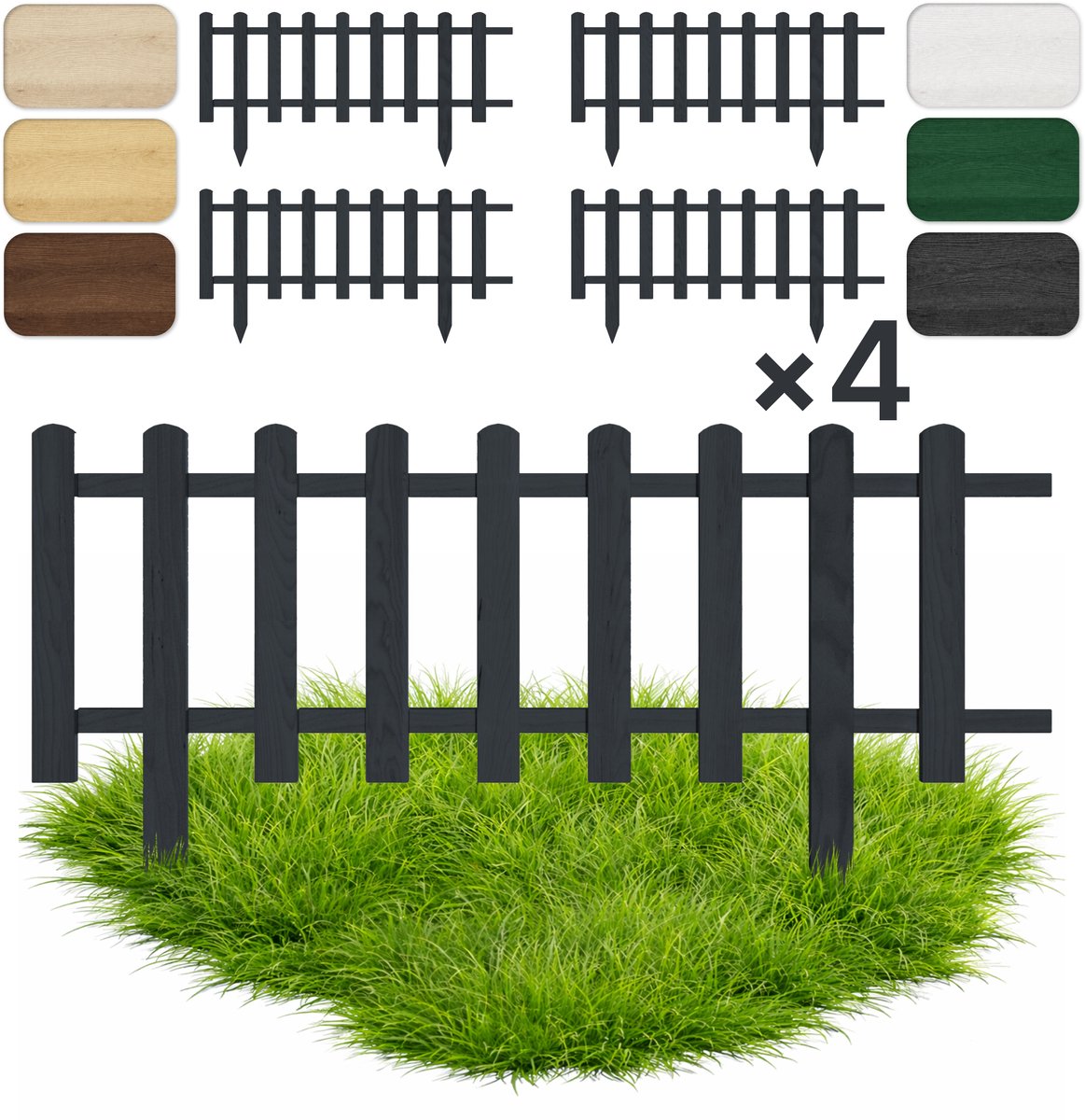 Floranica Set van 4 Perkhekje Tuinhek Grenen tuinhek Gazonrand 30 x 100 cm Antraciet Houten Sierhekwerk Decoratief Borderrand Tuinaanleg