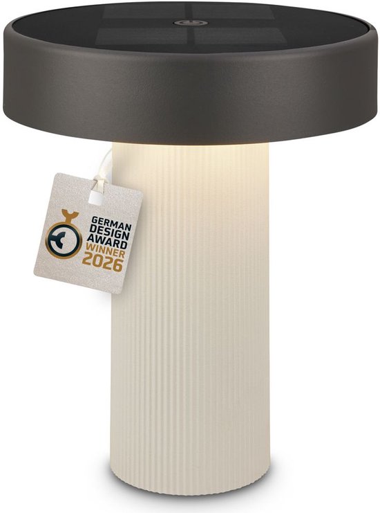 BRILONER Poga - Tafellamp oplaadbaar - dimbaar - zonneenergie buitenverlichting - warm wit licht - Ø16 cm - offwhite antraciet