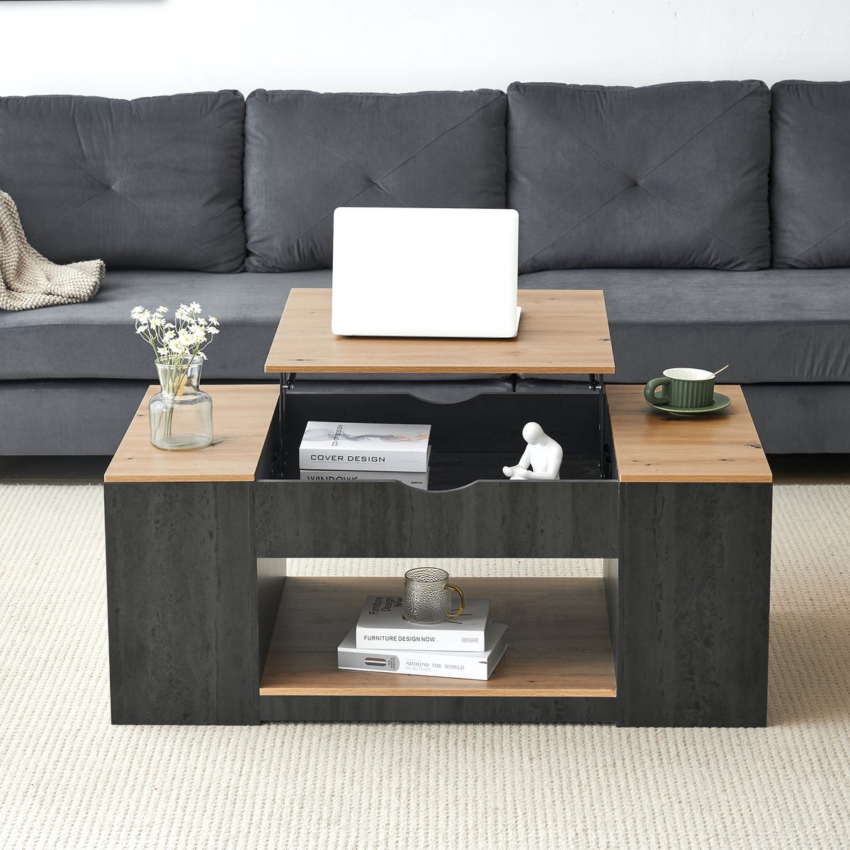 MODFU Salontafel 109.5×59.7×43 cm – Hoogte verstelbaar met hydraulisch systeem – Verborgen opbergruimte & 3 vakken – Modern – MDF – Grijs & bruin Grijs+Bruin
