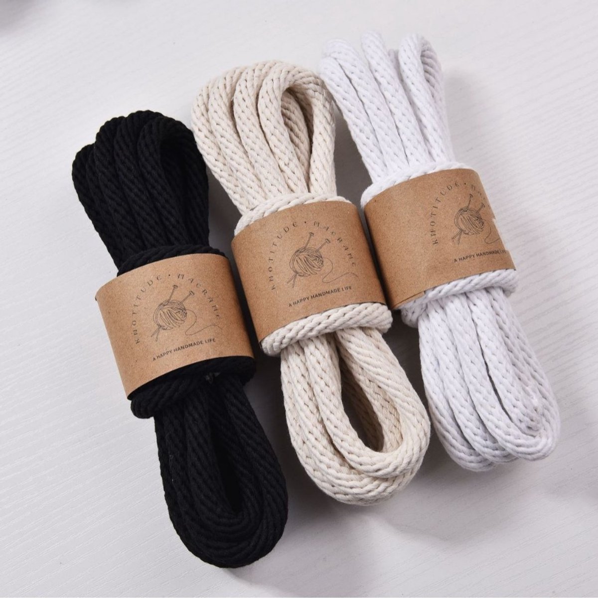 3-Rollenpakket – 10 mm Katoenen Touw met Kernvulling (Getwijnd) – 3 Meter per Rol – Band/Leidkoord (Wit/Beige/Zwart)