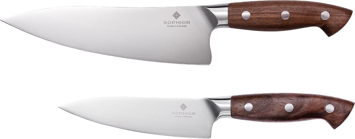SOPHIOR – Messenset – Koksmes 21 cm + Koksmes 14 cm – Duits Staal – Walnoot Houten Handvat