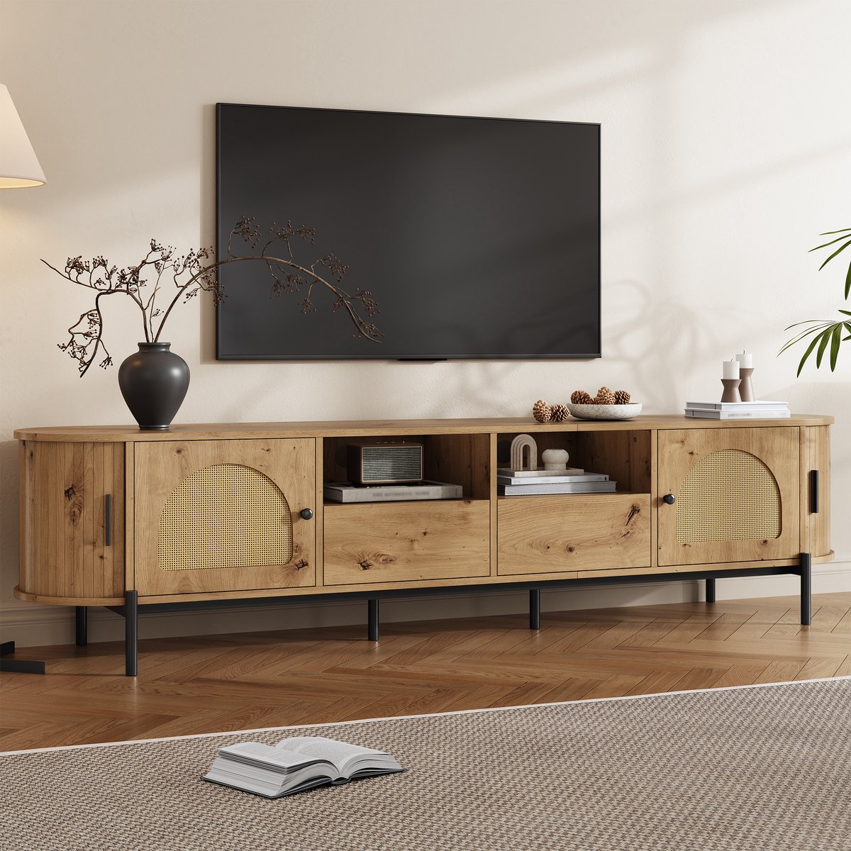 STILVORA Tv-Meubel - Ovale Vorm Met Rotan En Schuifdeuren - Opbergruimte Voor Woonkamer - MDF - 200x40x49,5 Cm - Natuurlijk