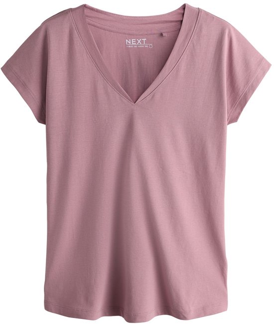 Roze T-shirt met V-hals en korte mouwen, voorpand.
