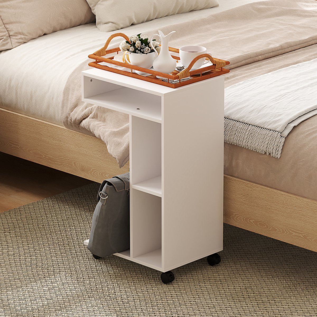 MODFU Bijzettafel - C-Vormig En Op Wielen - Met 3 Vakken En Plank - Voor Bank Of Bed - Wit - 40 X 30 X 69 Cm
