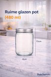 Een leeg glazen potje van 480 ml, met afmetingen 13 cm hoog en 8 cm breed.