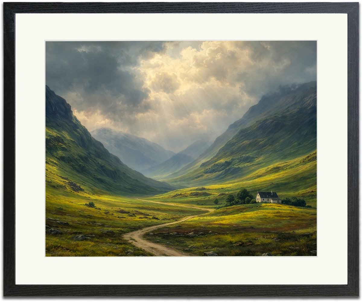 Schots landschap - Ingelijste Muurkunst - 63x53cm zwart frame - Glasplaat en Passe-partout - Museum kwaliteit print