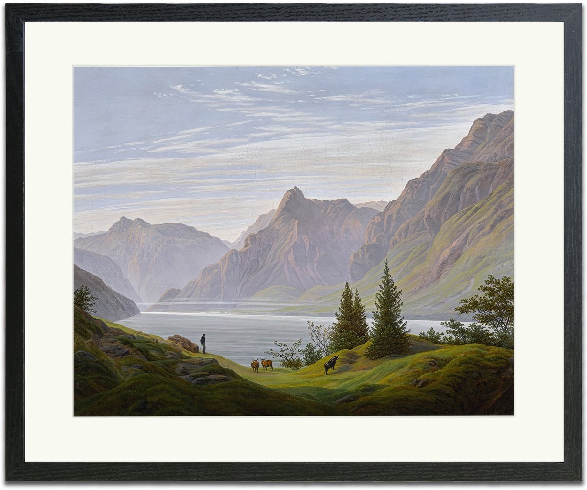 Landschap met bergmeer (Caspar David Friedrich) - Ingelijste Muurkunst - 63x53cm zwart frame - Glasplaat en Passe-partout - Museum kwaliteit print
